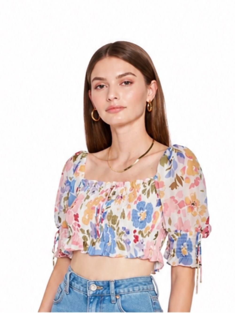 NWT! En Saison “Constantia” Floral Print Smocked Crop Top Size Large